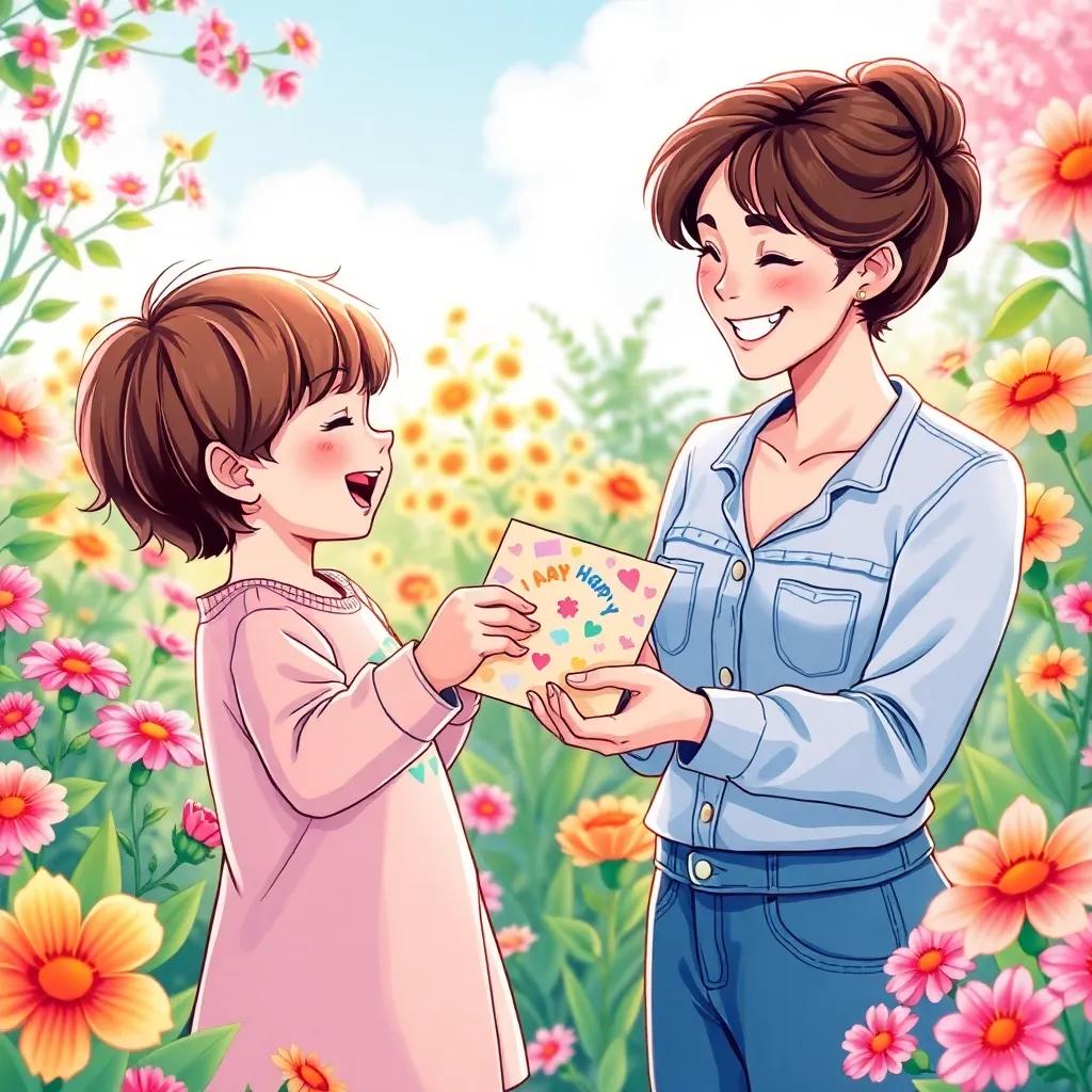 A young child, with short brown hair, excitedly handing a colorful handmade card to their mother, who is smiling with joy, surrounded by flowers in the garden, illustration, vibrant, heartwarming scene, high quality