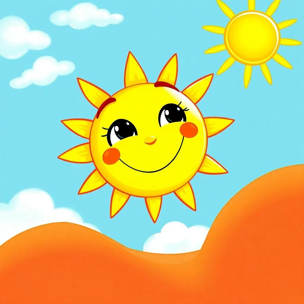 A bright sunny day with El Sol, a cheerful sun character with a big smile and yellow rays, looking down at the blue sky, colorful, vibrant atmosphere, high quality