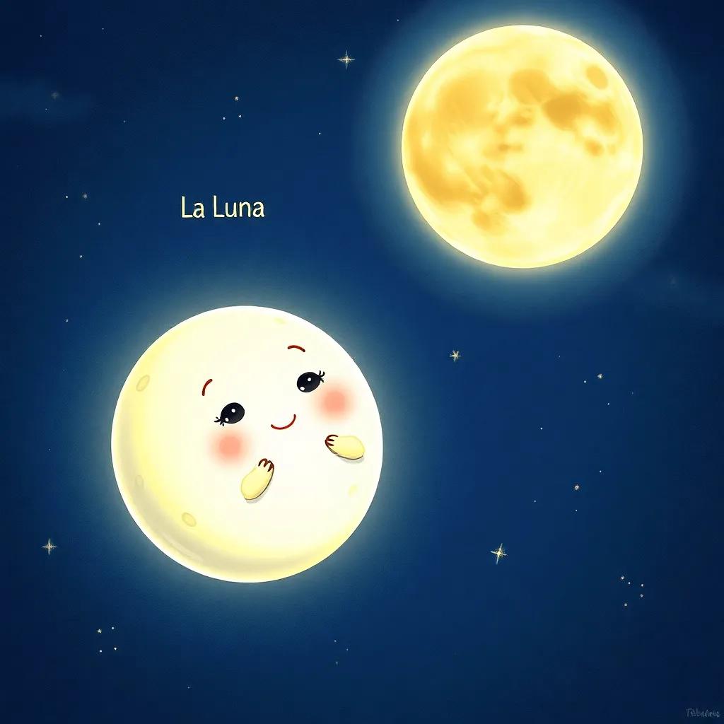 A magical night with La Luna, a beautiful moon character with a soft glow, shining brightly in a dark sky filled with stars, enchanting, serene atmosphere, high quality