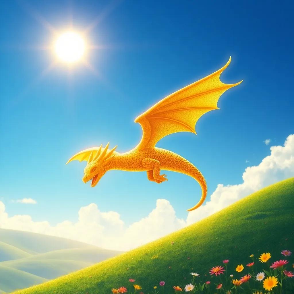 A golden sun dragon soaring high in a clear blue sky, shimmering scales reflecting sunlight, a dreamy landscape below with green hills and colorful flowers, digital art, vibrant colors, cheerful, child-friendly