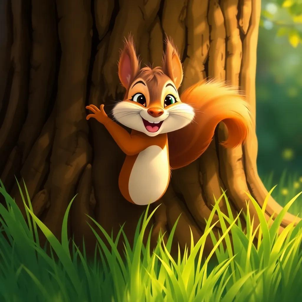 A playful squirrel, Chispa, climbing up Verdi's trunk, with a big smile on her face, surrounded by green grass and dappled sunlight, friendly and inviting, illustration, warm light