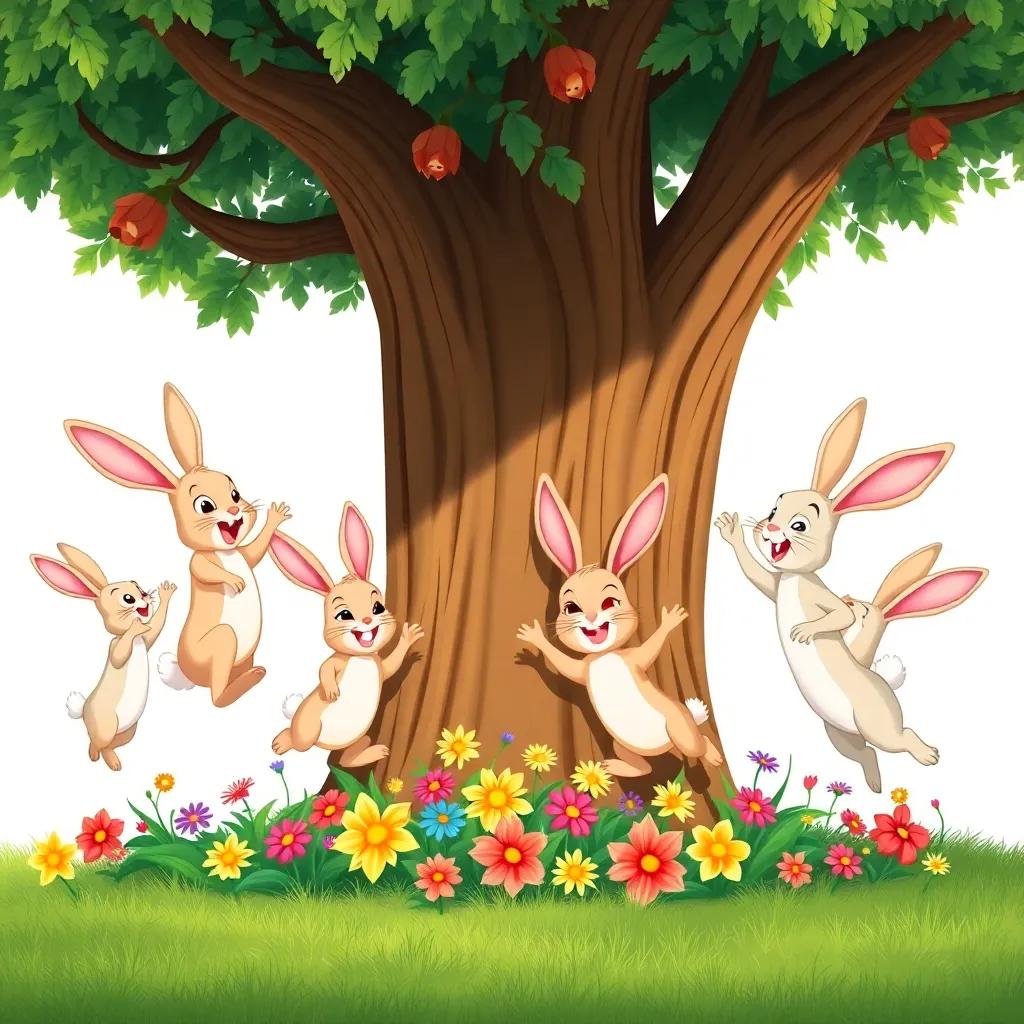 A group of bunnies jumping happily around Verdi, playful and curious, with colorful flowers at the base of the tree, bright and cheerful, child-friendly, illustration