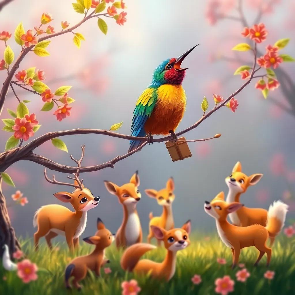 A colorful bird singing on a branch of Verdi, with animals gathering below, including deer and foxes, vibrant, joyful atmosphere, illustration, high quality