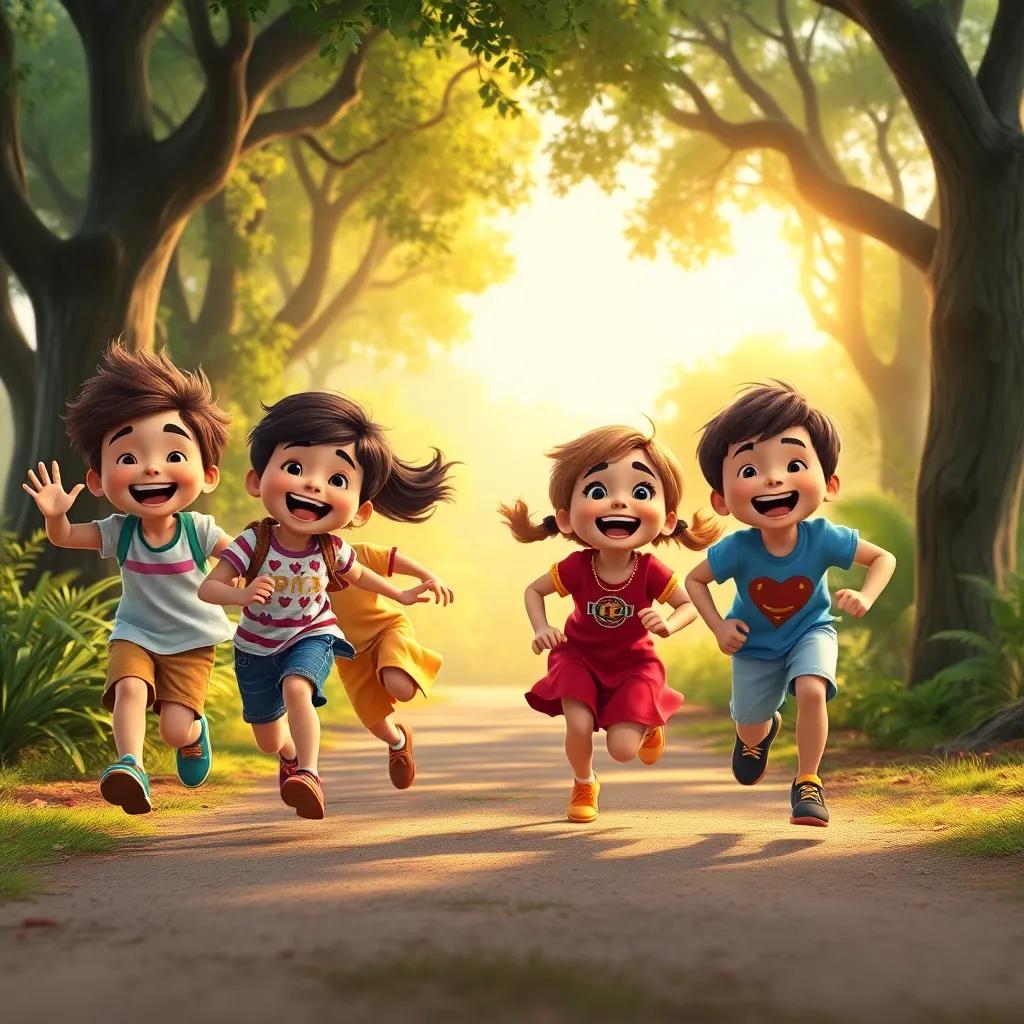 Children running joyfully towards Verdi, smiling and excited, colorful clothing, with laughter in the air, surrounded by trees and nature, bright colors, warm light