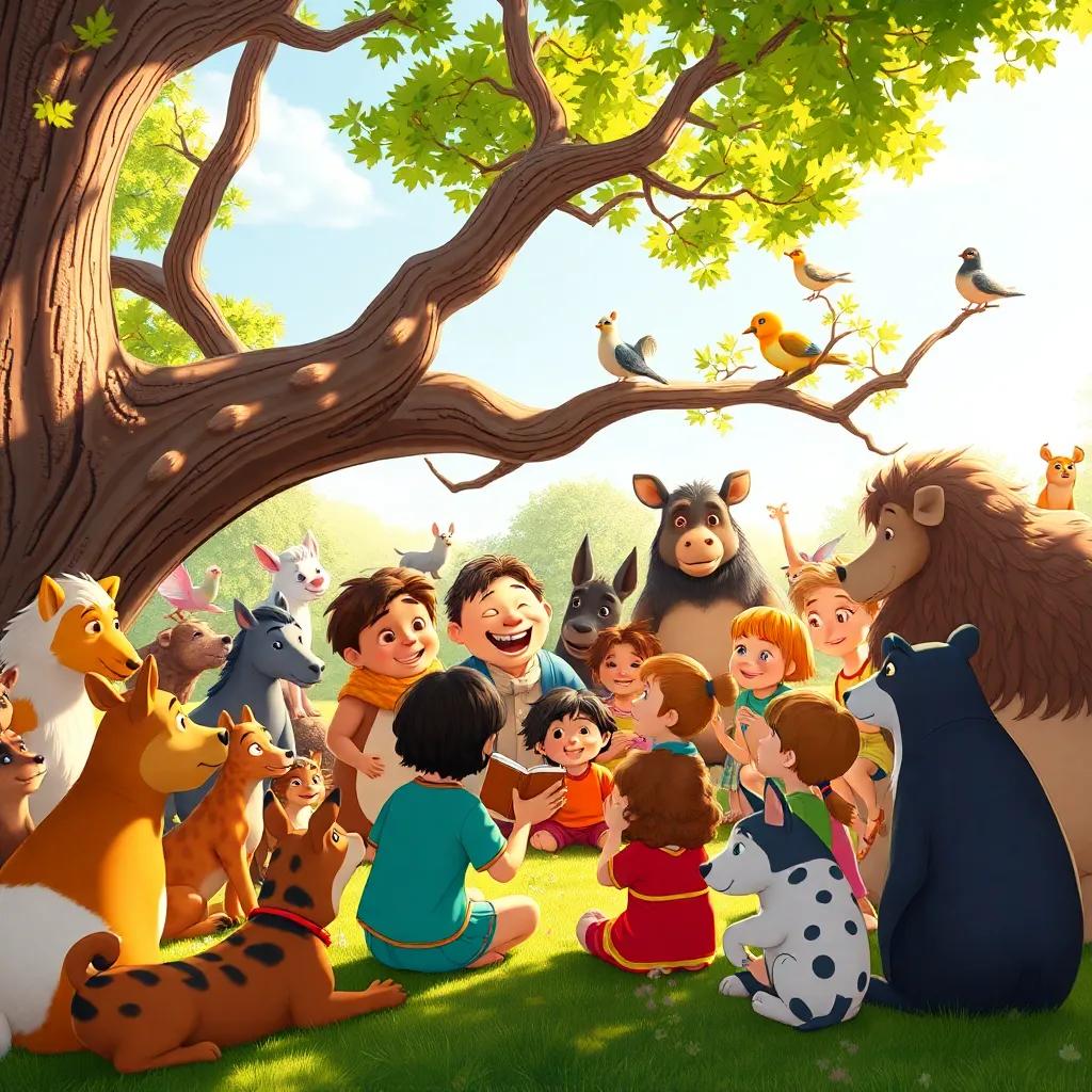 All animals and children gathered in harmony, under Verdi's shade, telling stories and playing together, bright afternoon, joyful atmosphere, warm light
