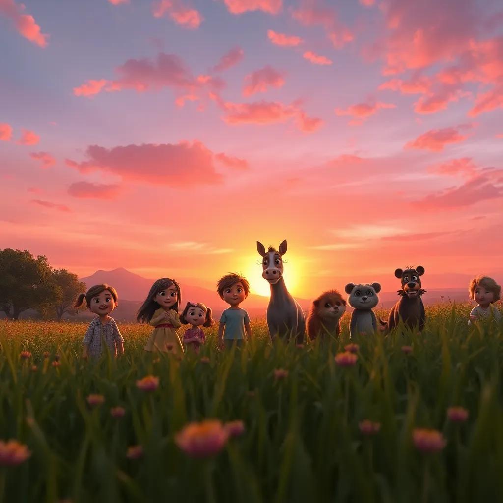 A beautiful sunset with Verdi in the foreground, children and animals leaving with smiles on their faces, the sky painted with pink and orange, serene atmosphere, digital art