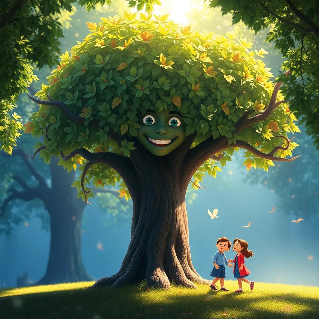 Verdi, the friendly tree, standing tall with happy leaves, surrounded by joyful memories of friends playing and laughing, magical scene, soft light, digital art