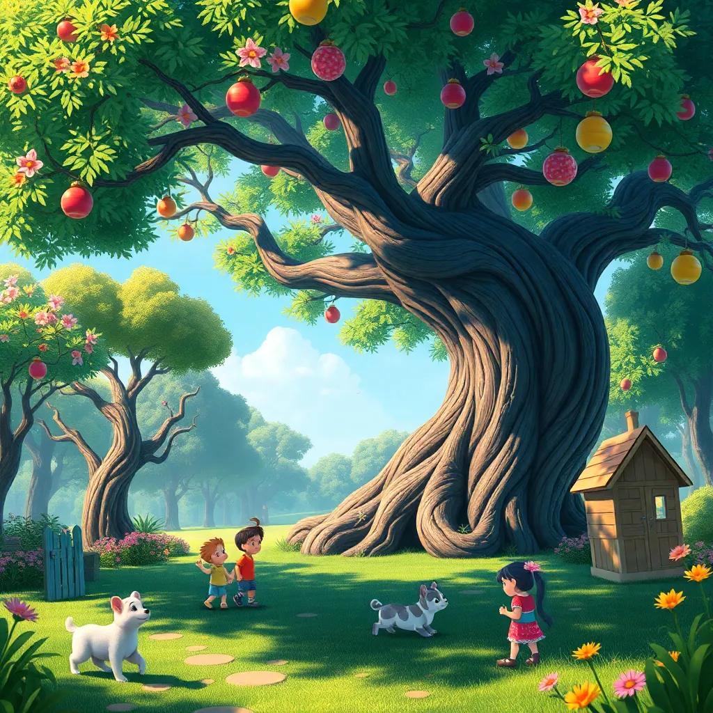 The legacy of Verdi, the tree of friendship, with a beautiful park where animals and children continue to play, colorful, full of life and joy, high quality