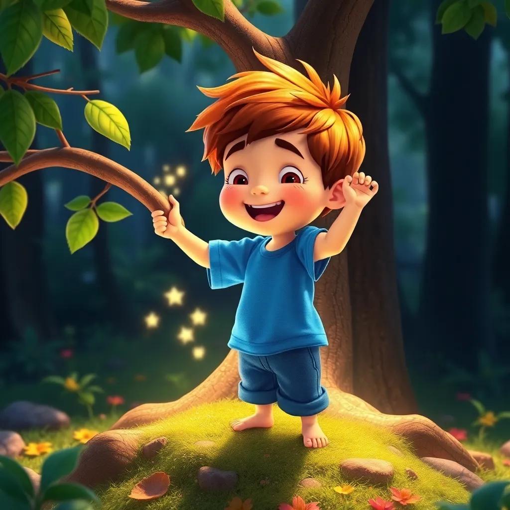 Tomás, un niño pequeño con cabello castaño, camiseta azul y pantalones cortos, regando el árbol mágico con una gran sonrisa, en un entorno lleno de naturaleza, ilustración, feliz, colorido