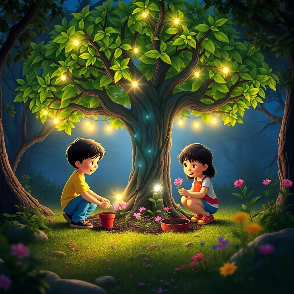 Un grupo de niños riendo y cuidando el bosque, plantando flores alrededor del árbol mágico, rodeados de luces brillantes, imagen colorida y alegre