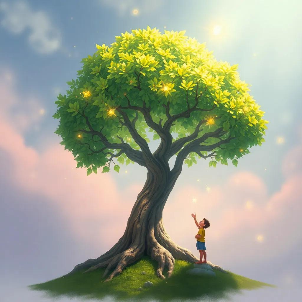 El árbol mágico sonriendo, con hojas brillantes y suaves, cumpliendo el deseo de Tomás con un resplandor especial, digital painting, enfocado en la magia