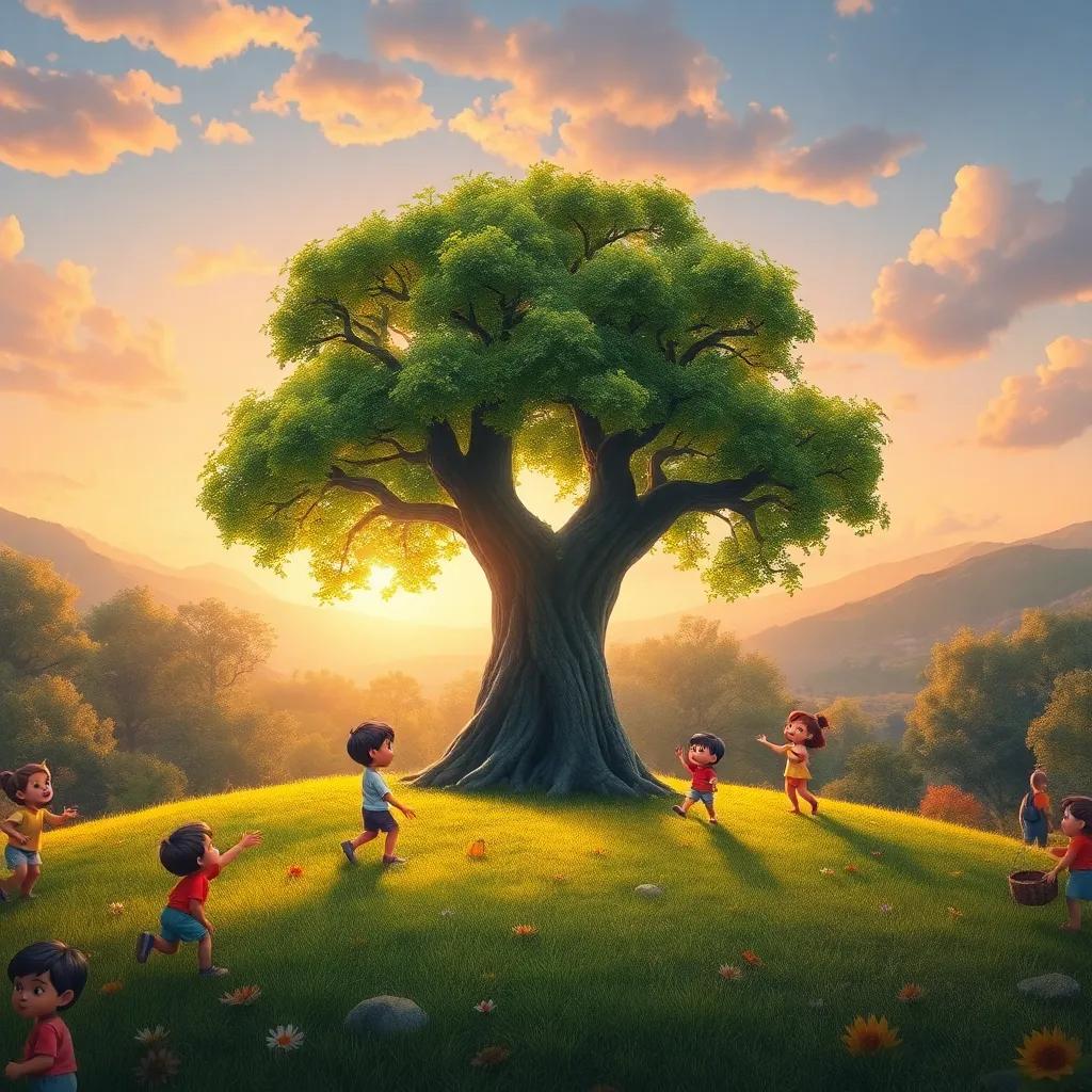 Un paisaje hermoso con el árbol mágico en el centro, rodeado de niños felices jugando y cuidando la naturaleza, al atardecer, alto nivel de calidad, vibrante