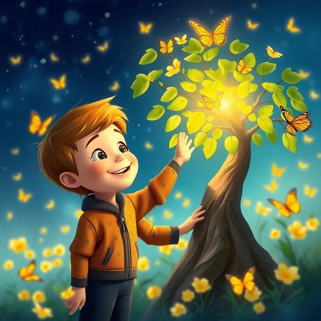 Lucas, el niño feliz, con una gran sonrisa, haciendo un deseo tocando el árbol mágico, con hojas brillantes y un fondo de mariposas volando, ilustración, mágica y colorida, encantadora