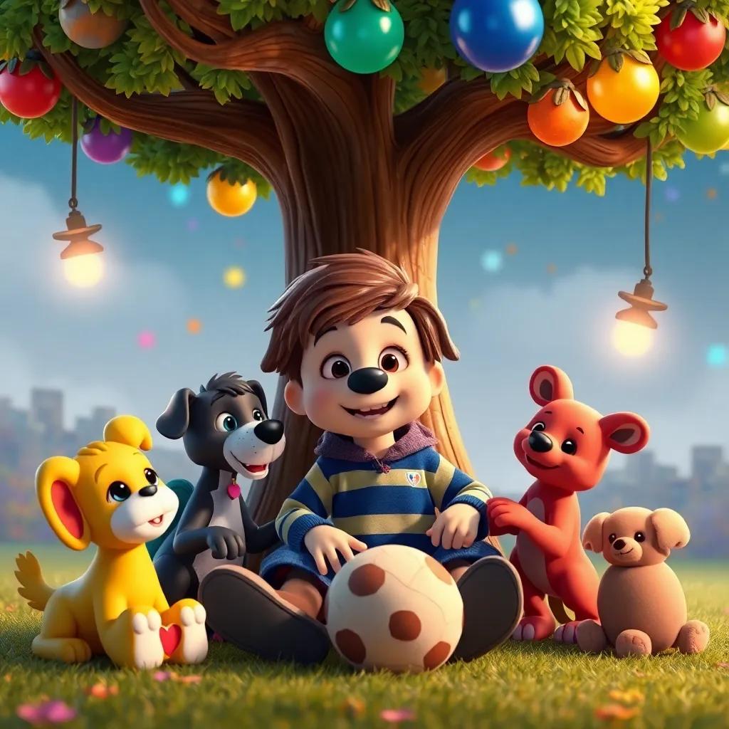 Lucas, rodeado de juguetes de colores y un perro que habla, sentado bajo el árbol mágico, todos riendo mientras juegan juntos, arte digital, cálido y amigable, alta calidad