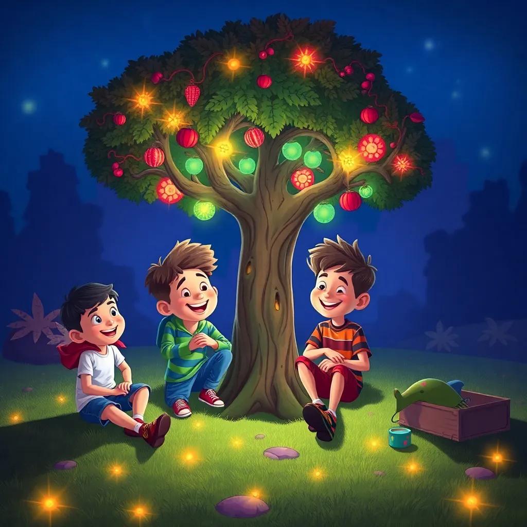 Los amigos de Lucas, riendo y jugando juntos alrededor del árbol mágico, con luces brillantes que emanan del árbol, creando un ambiente festivo, ilustración, colorido y emocionante, sensación de comunidad