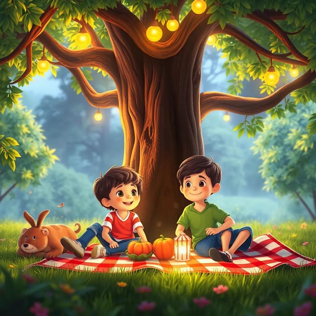 Lucas y sus amigos disfrutando de un picnic bajo el árbol mágico, sonriendo y compartiendo momentos alegres, en un bosque brillante, arte digital, vibrante y feliz, alta calidad