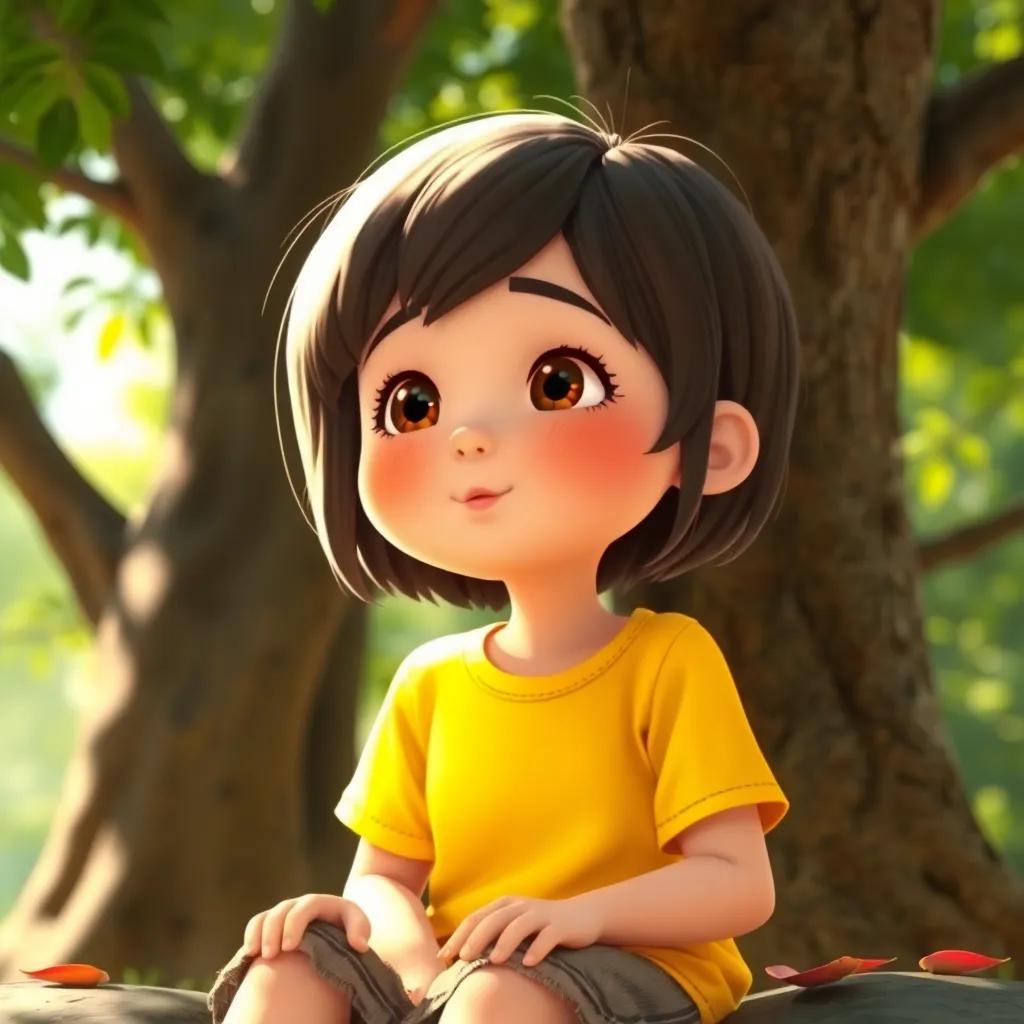 Ana, una niña con cabello rizado y una camiseta amarilla, sentada frente al árbol, sonriendo y deseando en voz alta, digital art, cálido, invitante, alta calidad