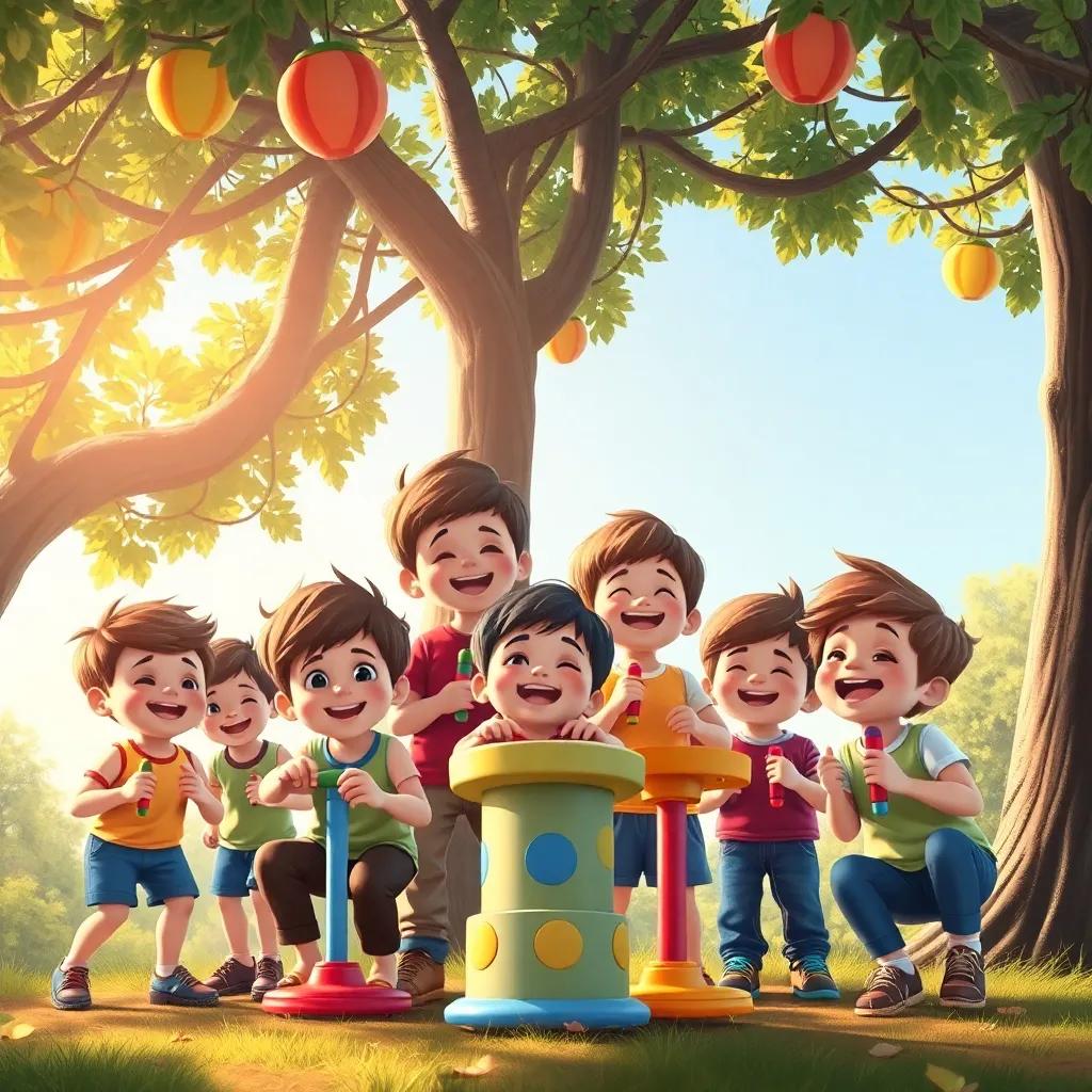 Un grupo de niños felices jugando con juguetes nuevos bajo el árbol, risas y alegría en el aire, digital art, vibrante, colorido, alta calidad