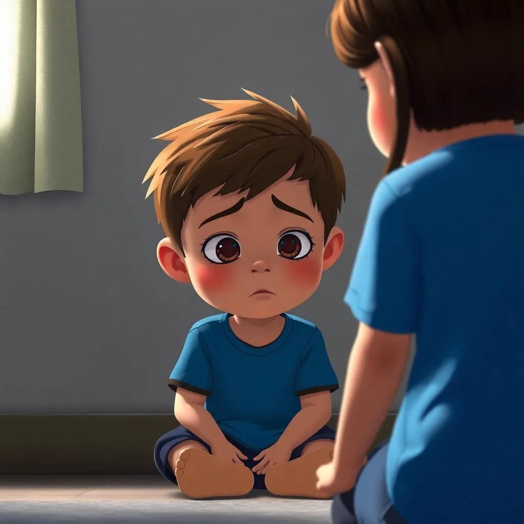 Tomás, un niño con cabello castaño y una camiseta azul, sentado solo, con cara triste, mientras Ana se le acerca, ilustración, emocional, alta calidad