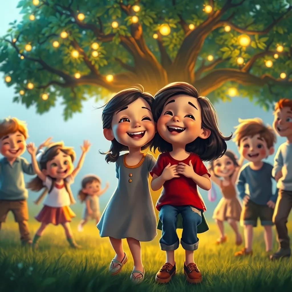 Ana y Tomás, sonriendo y rodeados de otros niños jugando felizmente, con el árbol iluminado detrás, simbolizando amistad y generosidad, digital painting, brillante, profundo, alta calidad