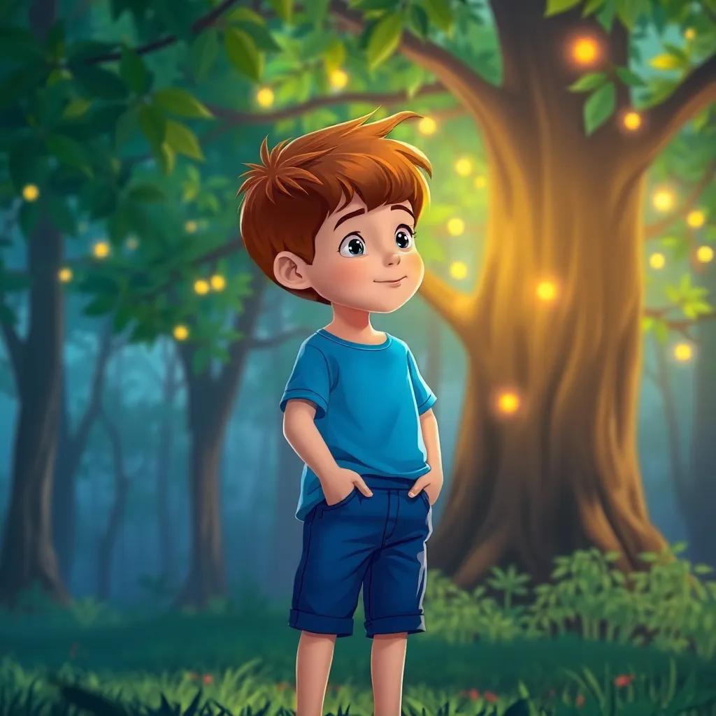Un niño, Leo, de unos 8 años, con cabello castaño corto, una camiseta azul y pantalones cortos, viendo un árbol mágico con hojas que brillan en el bosque, ilustración colorida, ambiente mágico, detalle infantil, enfoque suave, arte digital