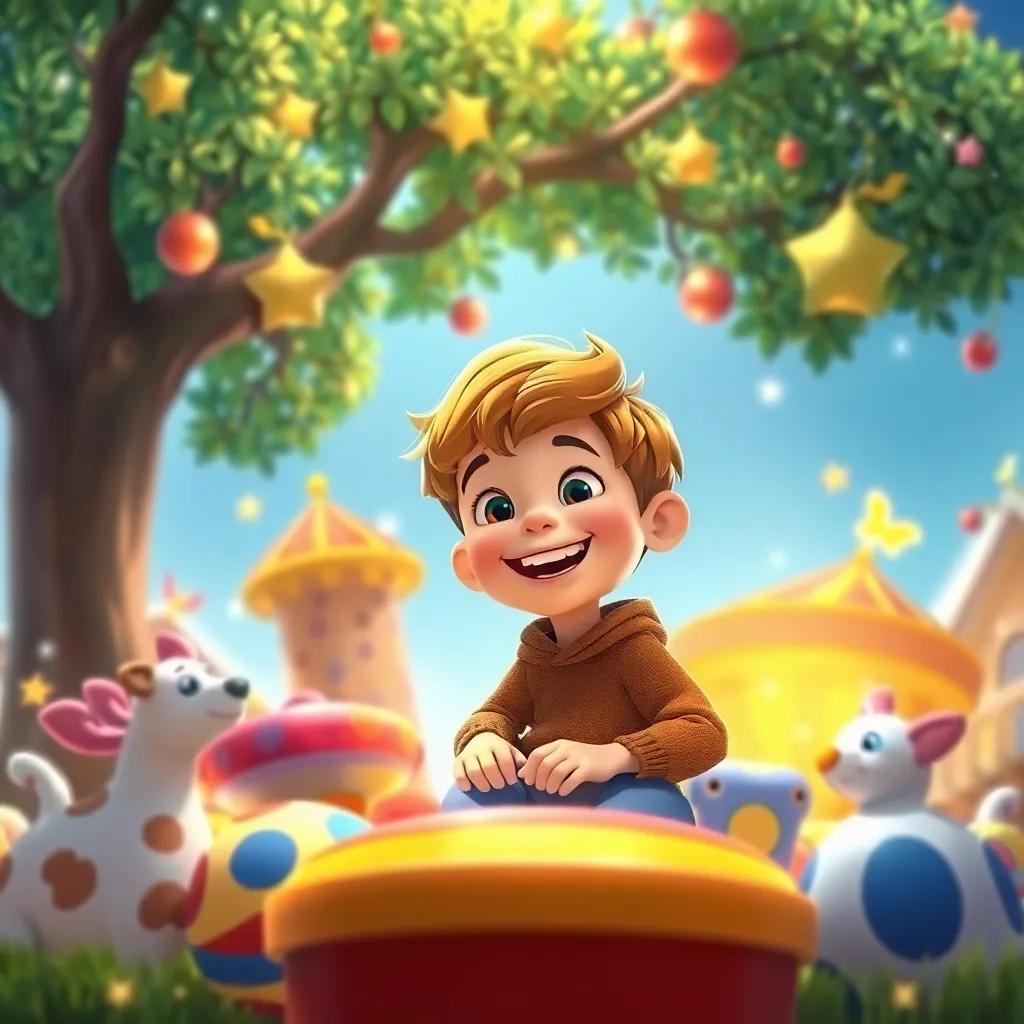 Leo, un niño, con una gran sonrisa, rodeado de juguetes que brillan, en un espacio al aire libre bajo el árbol mágico, ilustración alegre, vibrante, ambiente divertido, arte digital, calidad alta