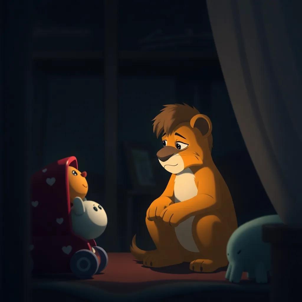 Leo, visiblemente triste, observando sus juguetes amontonados, en su habitación oscura, sin amigos, ilustración emotiva, colores apagados, ambiente melancólico, arte digital, calidad alta