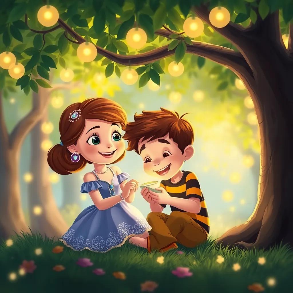 Sofía, una niña con trenzas doradas, y Leo, riendo juntos bajo el árbol, jugando con burbujas, en un bosque iluminado, ilustración alegre, colores brillantes, cálido y acogedor, arte digital, calidad alta