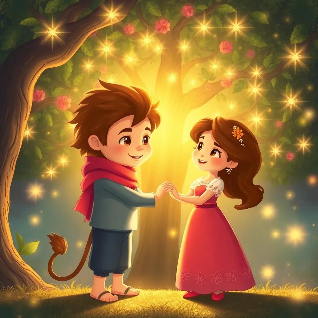 Leo y Sofía, de pie frente al árbol de los deseos, con miradas de amistad y alegría, sosteniendo las manos, rodeados de brillo mágico, ilustración inspiradora, luz dorada, ambiente esperanzador, arte digital, calidad alta