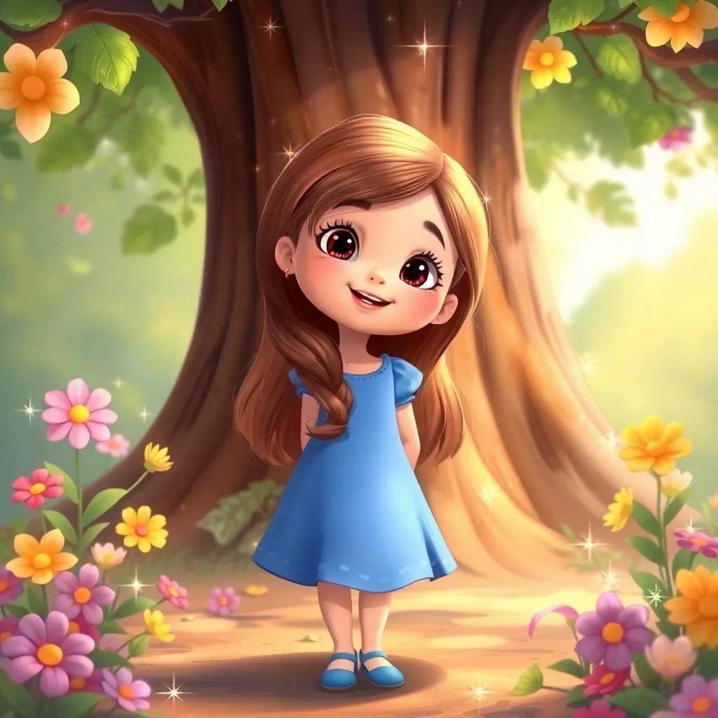 Emilia, a curious girl with long, brown hair wearing a blue dress, standing in front of the tree with excitement, surrounded by colorful flowers and sparkling leaves, illustration, cheerful, dreamy scene, child-friendly