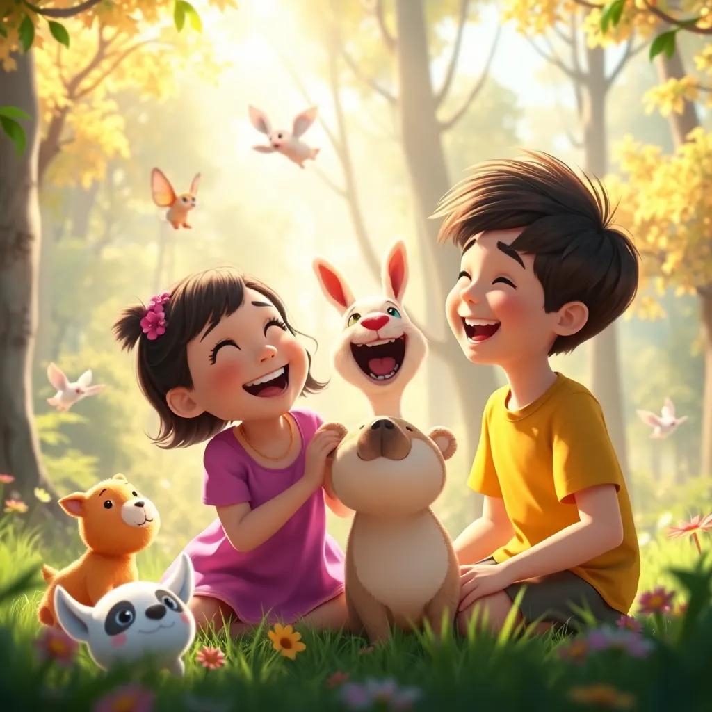 A glowing scene where animals are appearing with laughter and joy around Emilia and Lucas, bright colors, playful atmosphere, children enjoying together in a sunny forest, digital painting, uplifting vibe, heartwarming