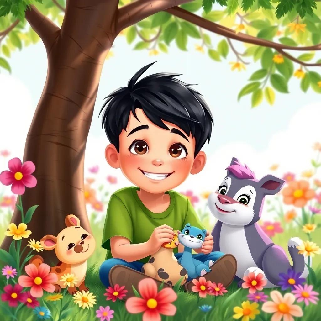 Lucas, a boy with short, dark hair wearing a green shirt, sitting under the tree with a happy smile, playing with new animal friends, surrounded by vibrant flowers, illustration, joyful and friendly setting, bright and colorful