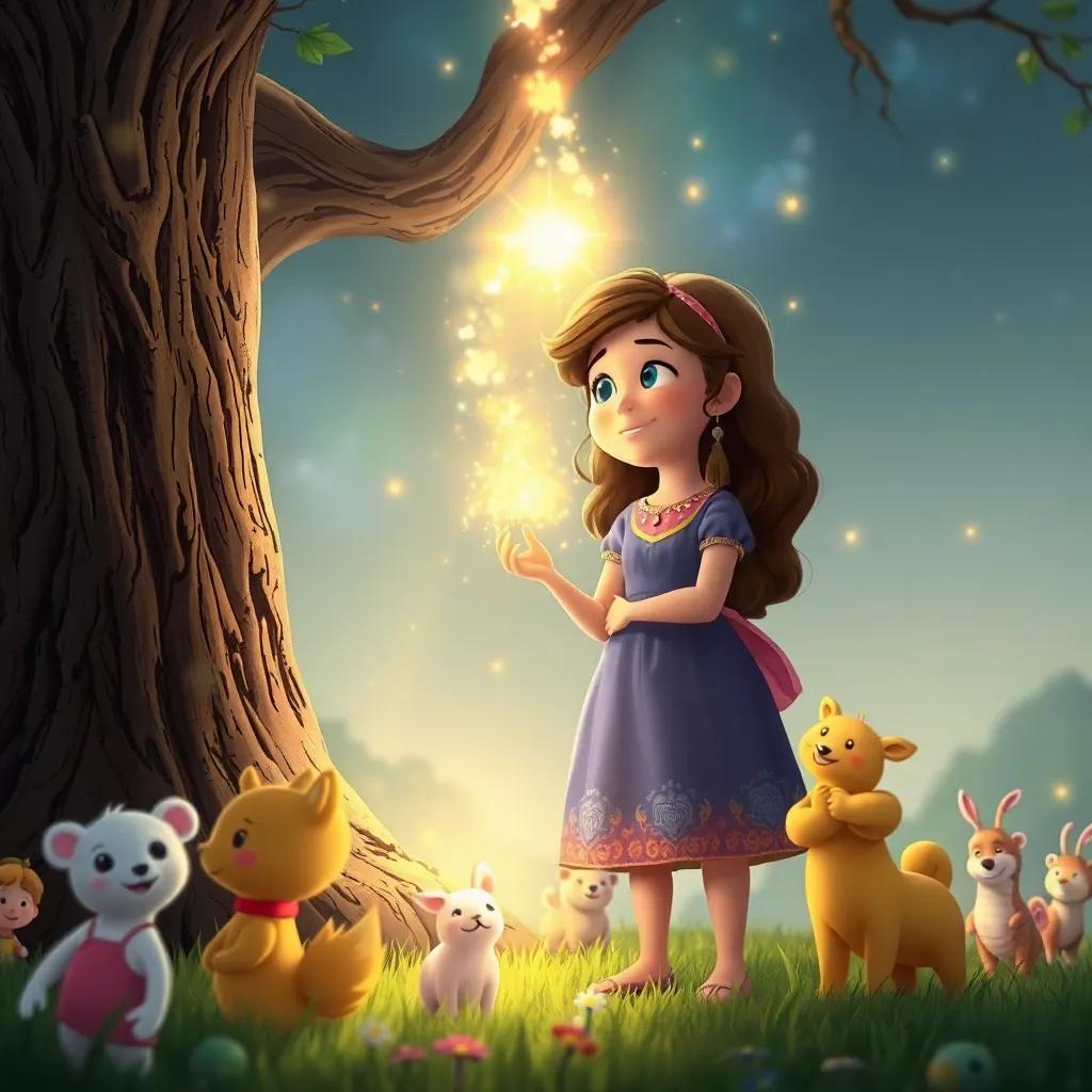 Emilia and Lucas making their last wish together at the tree, surrounded by happy children and animals, sparkling light around them, digital art, magical, community spirit, heartwarming view, lively colors