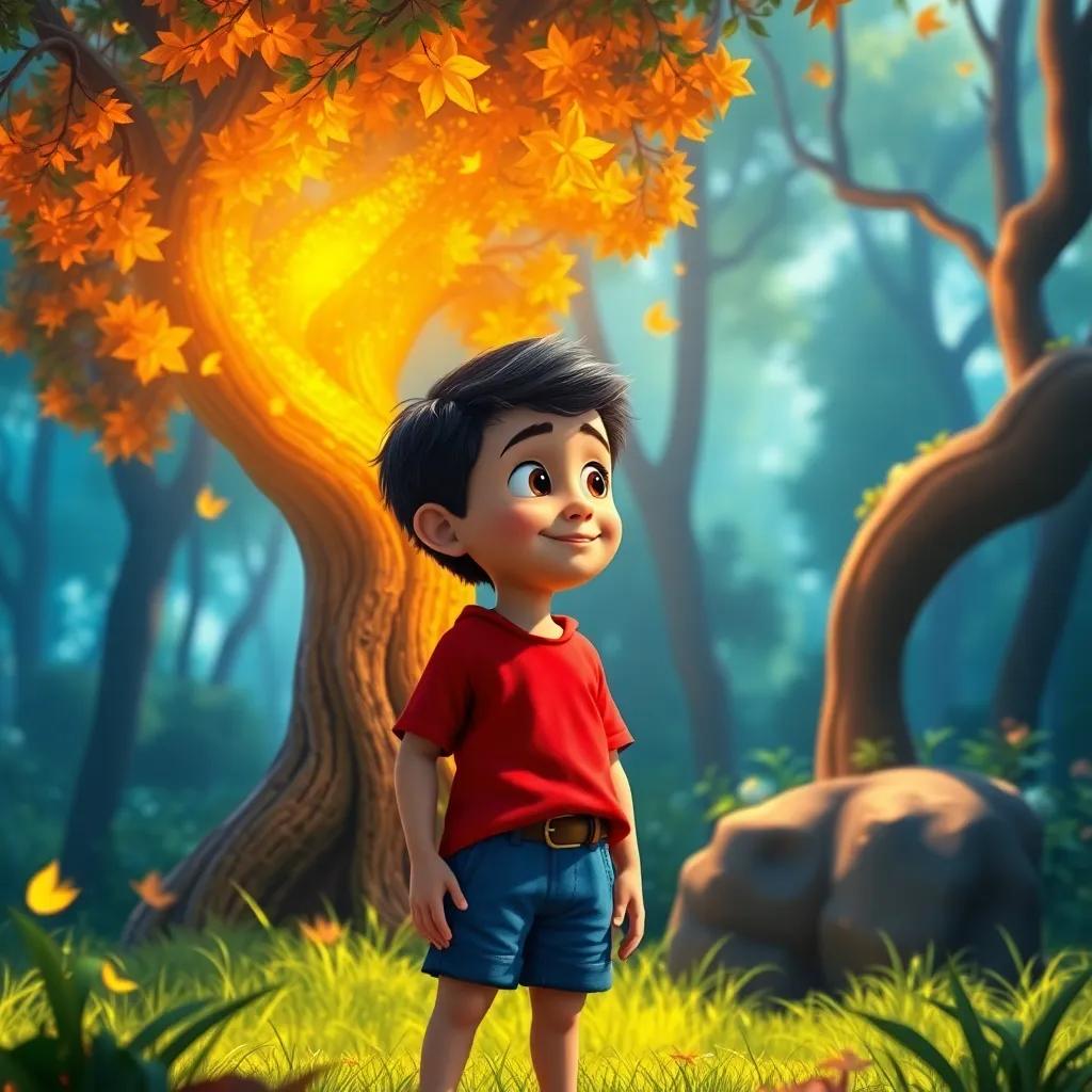 A young Hispanic boy, Miguel, with short dark hair and wearing a red shirt and blue shorts, standing in a bright forest, looking at a magical tree with golden leaves glowing in the sunlight, detailed digital art, vibrant colors, cheerful atmosphere, high quality