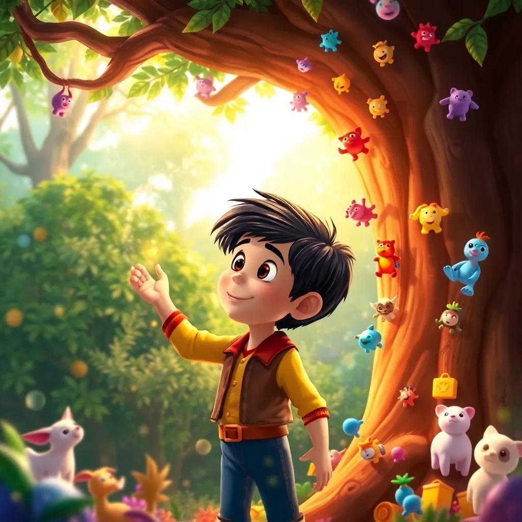 Miguel, a young Hispanic boy, with short dark hair, touching the trunk of a magical tree surrounded by colorful toys appearing from it, enchanted forest background, bright sunlight, whimsical illustration, lively, engaging