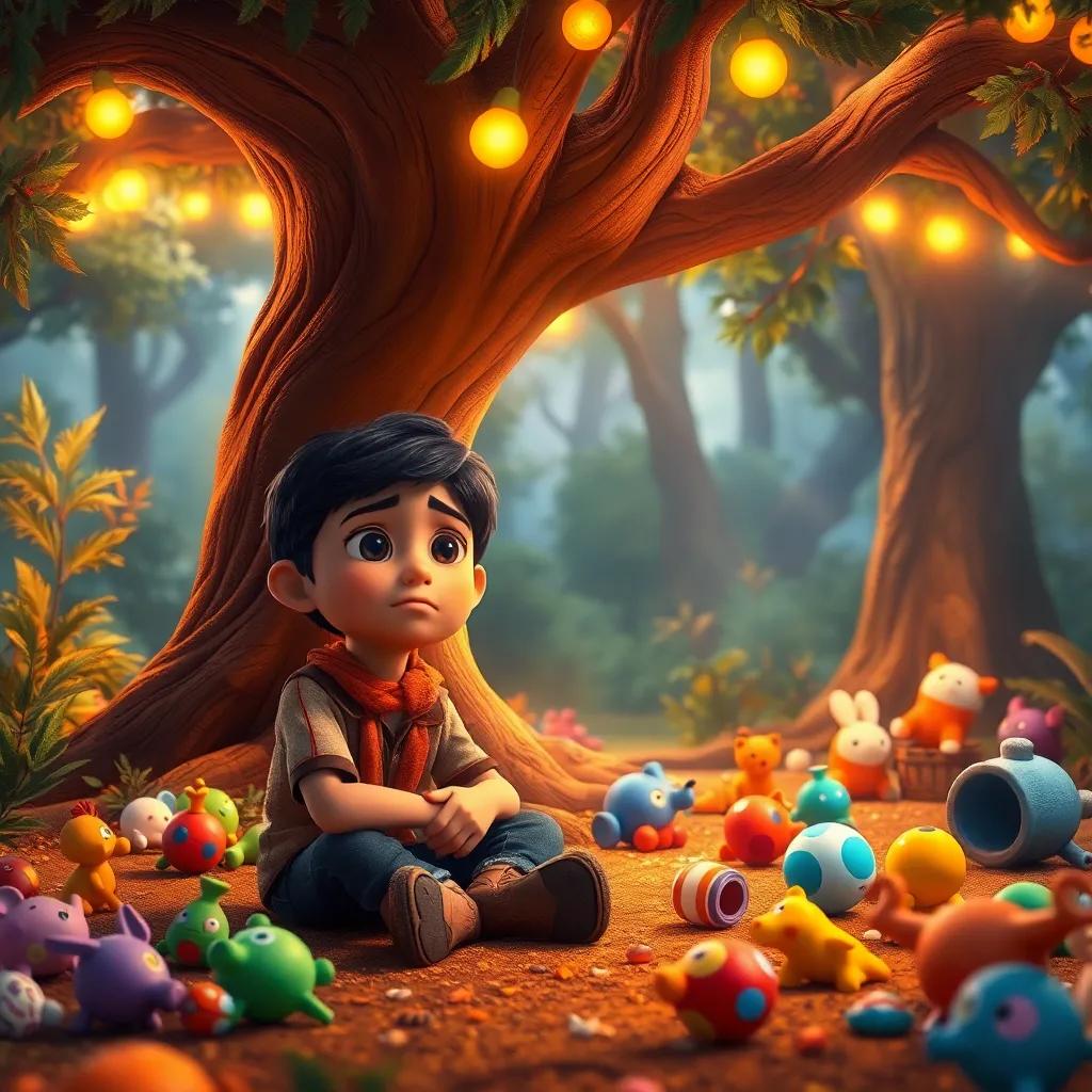 Miguel, a young Hispanic boy with short dark hair, sitting on the ground under the magical tree with a sad expression, while colorful toys lay scattered around him in the forest, warm light, detailed ambiance, storytelling perspective, emotional impact