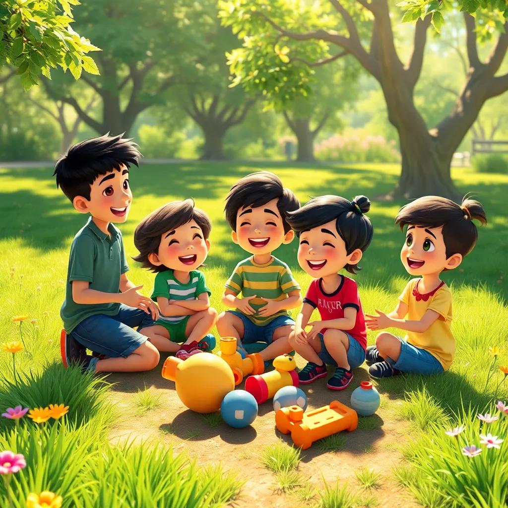 A group of children playing together, including Miguel, laughing and sharing toys in a sunny park, bathed in warm sunlight with green grass and flowers around them, lively illustration, cheerful atmosphere, community spirit