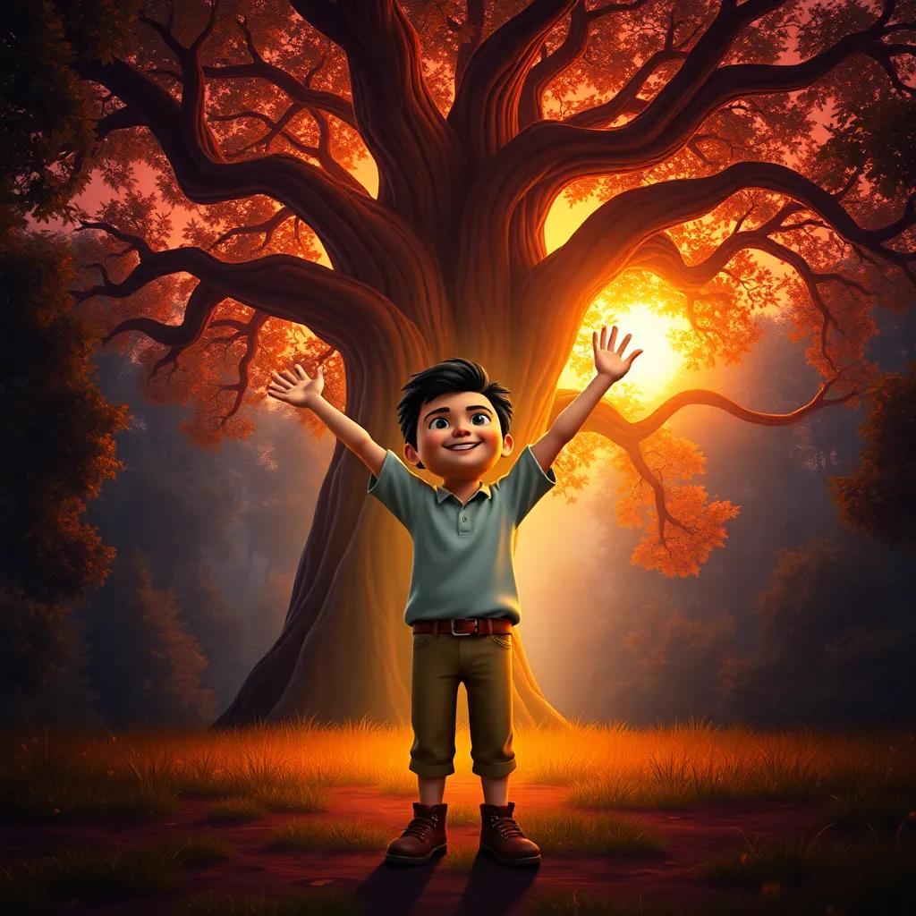 Miguel, a young Hispanic boy, joyfully standing in front of the magical tree at sunset, with golden light illuminating the forest, expressing gratitude and happiness, warm colors, heartwarming scene, uplifting feeling
