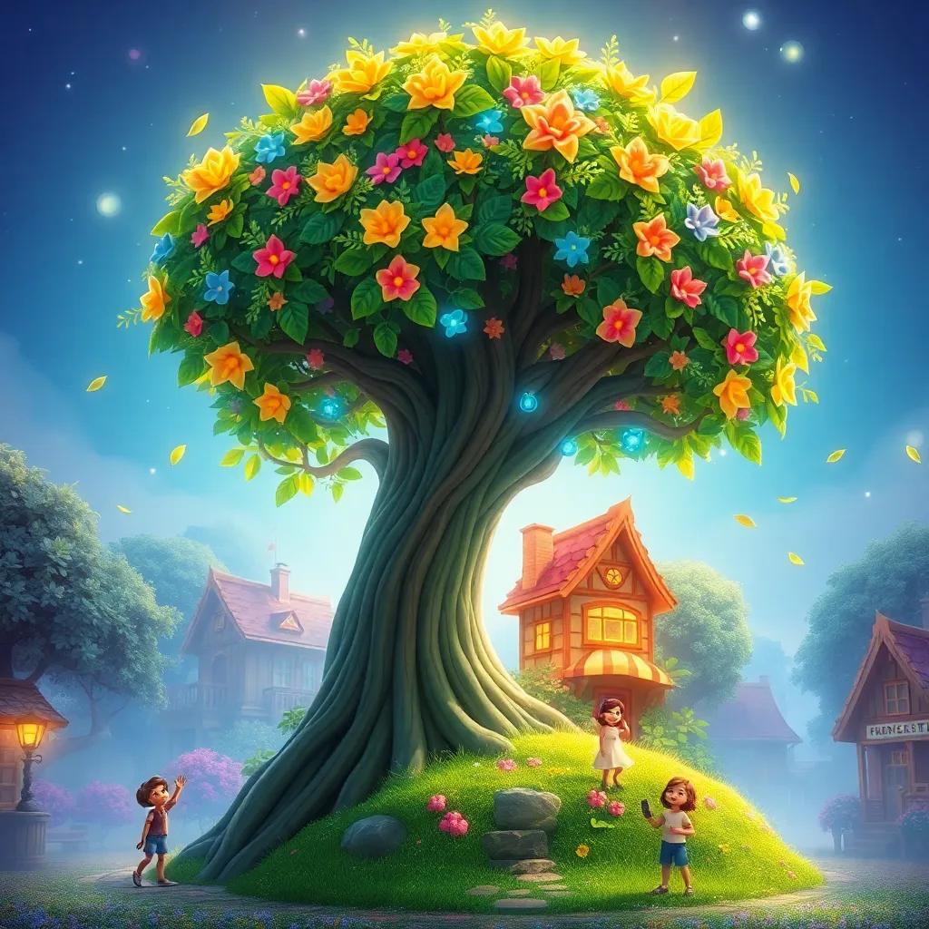 A magical tree with bright leaves and colorful flowers, standing tall in a small village with children happily playing around it, digital art, vibrant colors, warm light, cheerful atmosphere, high quality