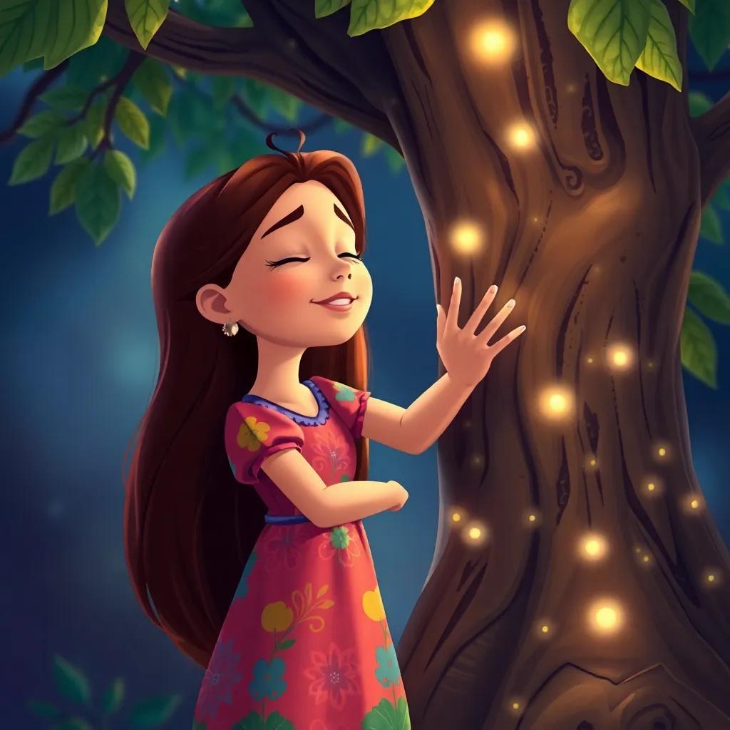 A young girl named Sofía with long brown hair, wearing a colorful dress, closing her eyes and placing her hands on the trunk of the magical tree, surrounded by glowing light, illustration, enchanting, child-friendly, high quality
