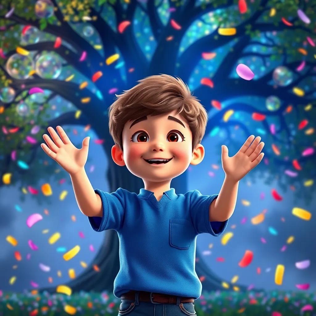A young boy named Lucas, with short curly hair and wearing a blue shirt, standing in front of the magical tree, waving his hands as colorful petals fall around him, feeling joyful, cheerful, vibrant colors, high quality