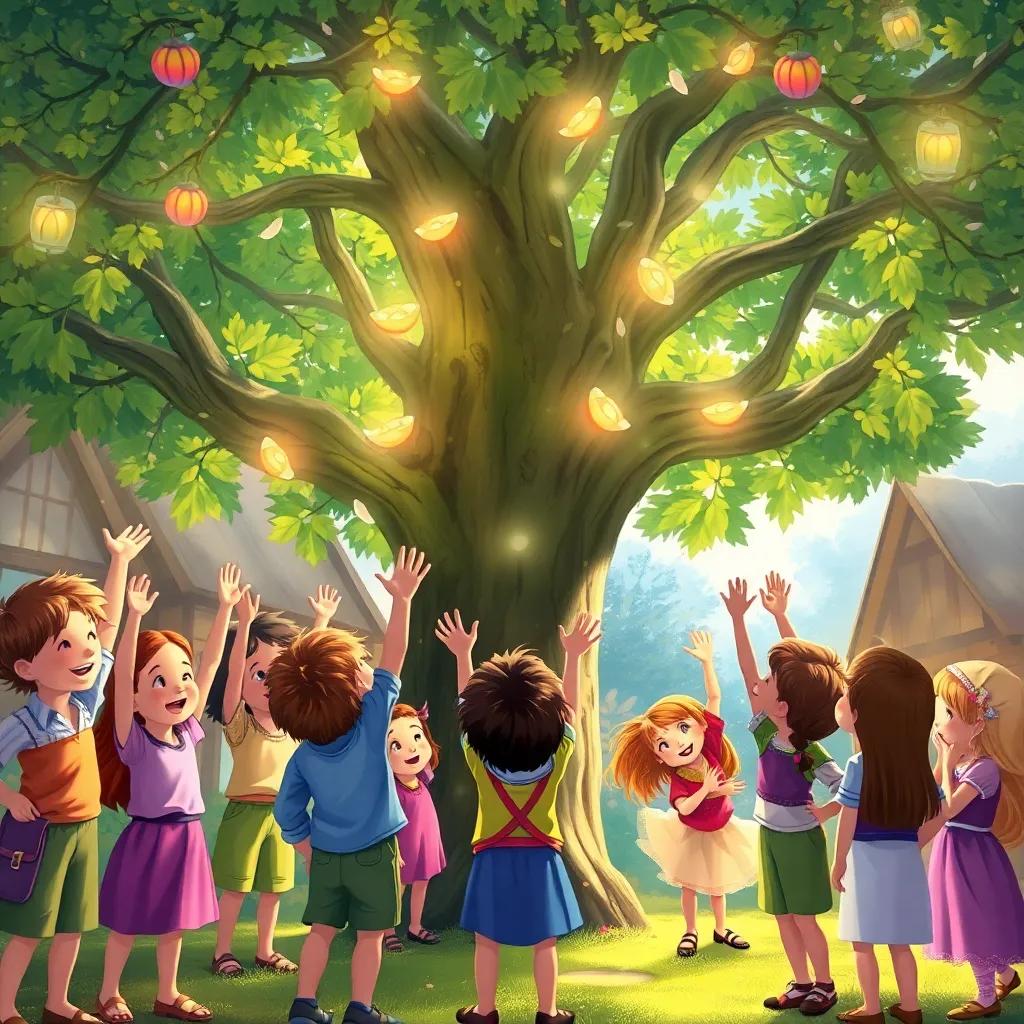 Children from the village gathered around the tree, laughing and throwing their hands in the air as dreams and wishes become magical winds, filled with joy, digital painting, vibrant, heartwarming atmosphere, high quality