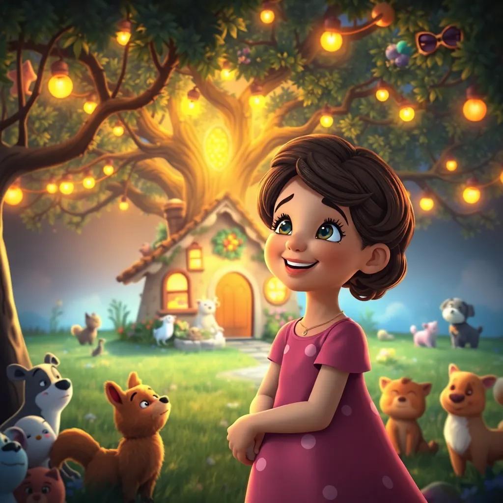 Sofía smiling with happiness as she looks at a cozy little house filled with animals around her, with the magical tree glowing in the background, filled with joy, warm evening light, dreamy, high quality