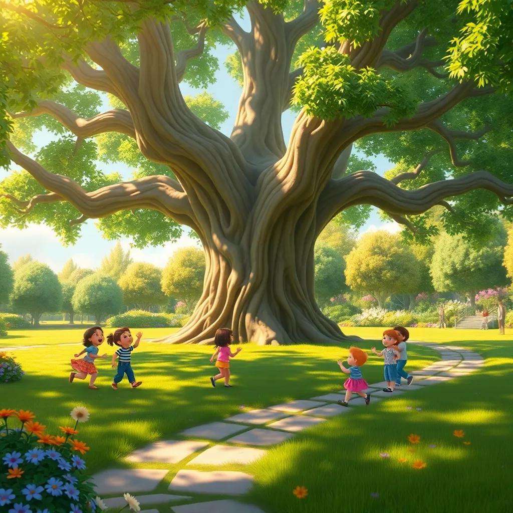 A magical park with a big, ancient tree in the center, children sitting excitedly around it, bright green grass and colorful flowers, cheerful atmosphere, digital art, warm and inviting colors, high quality