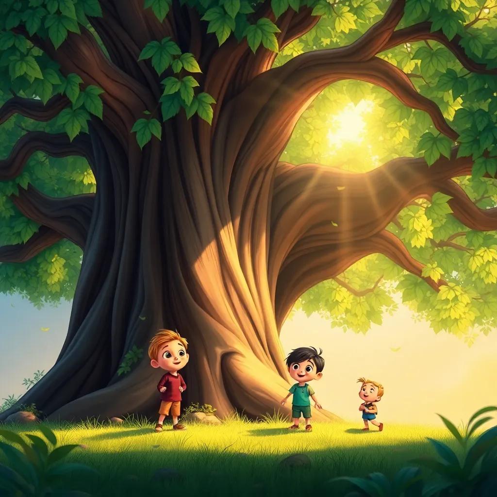 The ancient tree with a wide trunk and lush leaves, it looks wise and friendly, children listening closely with wide eyes, sparkling sunlight filtering through the branches, illustration, warm light, colorful, child-friendly