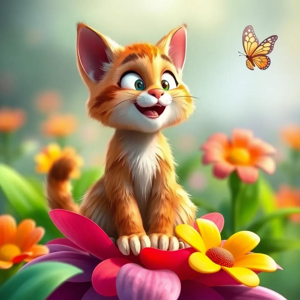 A talking cat named Félix, a fluffy tabby, sitting on a colorful flower, looking curious and joyful, a butterfly nearby fluttering in the air, vibrant colors, whimsical style, cheerful setting