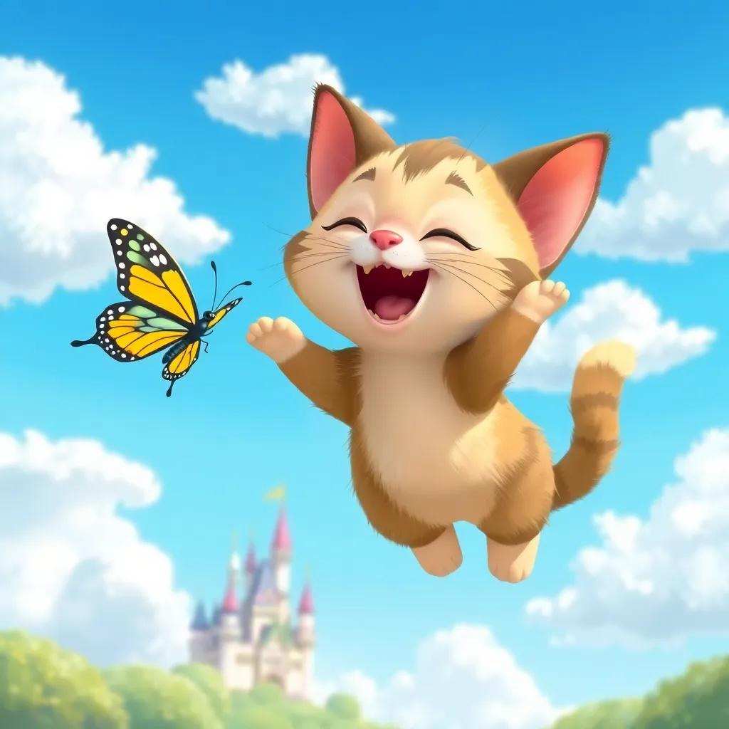 The cat Félix and the butterfly flying together in a bright blue sky, fluffy white clouds, laughing and playing, a magical castle made of candy in the distance, illustration, colorful and joyful, child-friendly