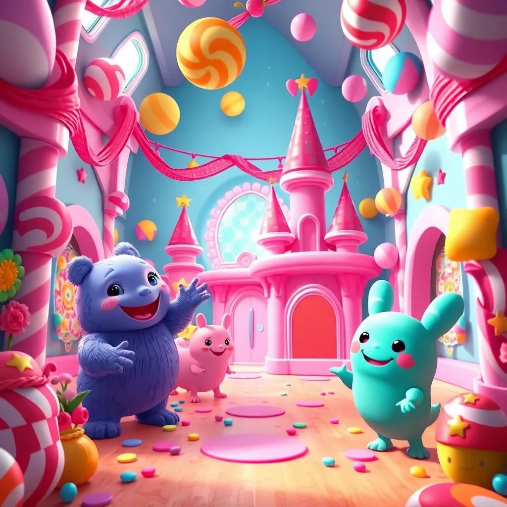 Inside the candy castle, sweet creatures smiling and dancing, colorful decorations around, joyful songs can be seen, vibrant colors and delightful atmosphere, digital art, cheerful