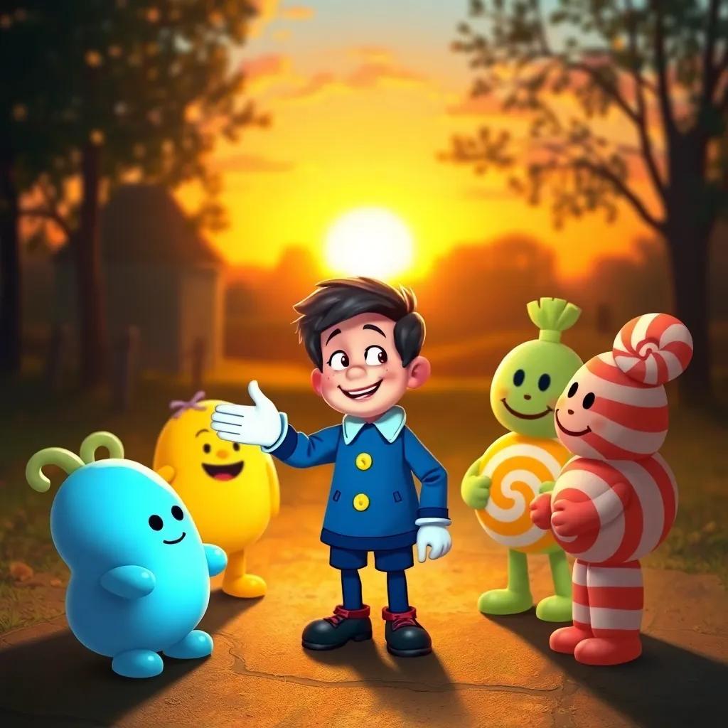 Félix bidding farewell to his candy friends at sunset, soft glowing colors, a sense of friendship and joy, a beautiful ending scene, illustration, warm and inviting