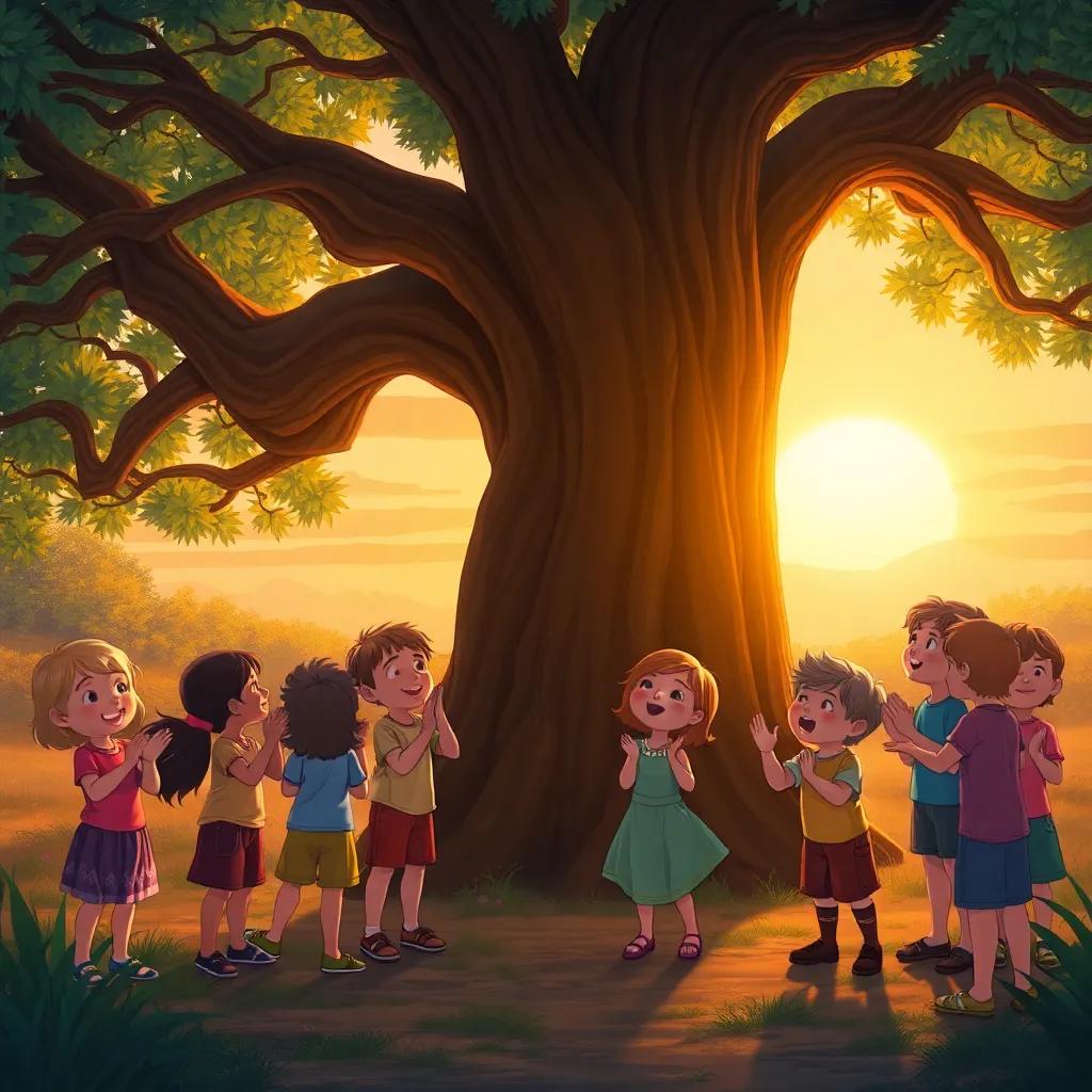 The children clapping and laughing around the ancient tree, the sun setting in the background, a warm glow enveloping the scene, happy expressions, magical atmosphere, illustration, vibrant